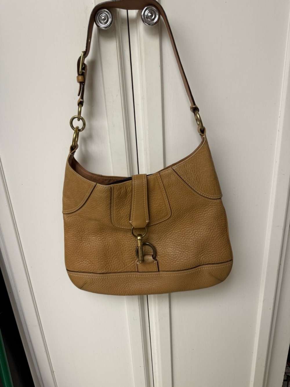 Coach Tan Pebbled Leather Shoulder Bag with Brass Hardware